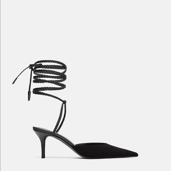 NWT Zara Black Leather Strappy Wraparound Heels - Picture 3 of 8